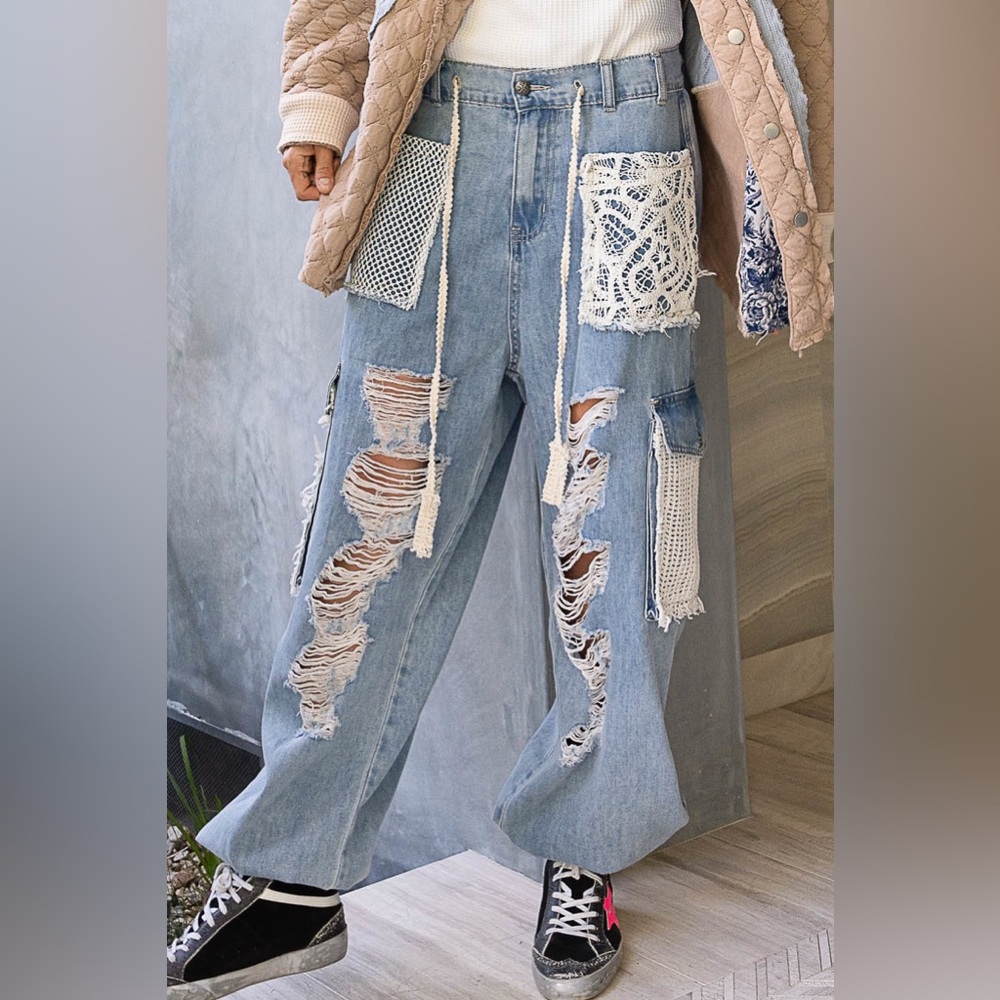 1. NWOT POL Blue Distressed Denim Jeans with Lace and Crochet Accents - Picture 5 of 6